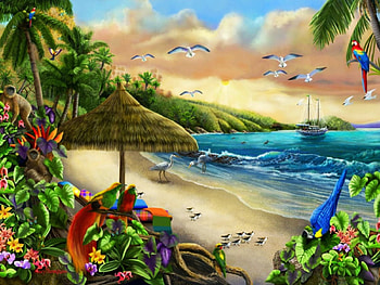 Ocean Blue, palm trees, beach, artwork, sea, umbrella, painting, parrots HD wallpaper