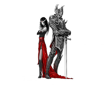 Princess And Her Knight, sword, armour, red, knight, princess, dress HD wallpaper
