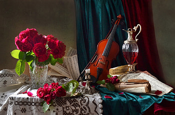 Still life, Roses, Candle, Violin, Notes HD wallpaper