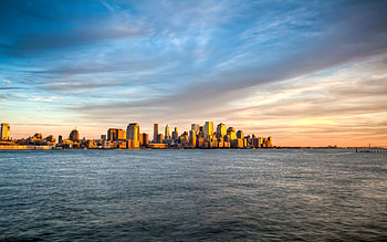 Landscape, Cities, Water, Sunset, Sky, Sea, Clouds, Waves, Overview, Review, Evening, View, Island, New York, Manhattan HD wallpaper