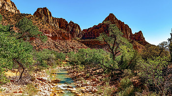 Beautiful Zion, creek, utah, trees, water, rocks, mountains, usa HD wallpaper
