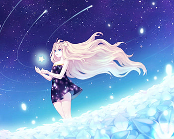 Wishing Star, luka, cute, falling star, vocaloid, long hair, dress, beauty, shooting star, vocaloids, petals, flower, megurine luka, cloud, female, sexy, sweet, hot, girl, singer, diva, star, anime girl, anime, fantasy, sky, idol HD wallpaper