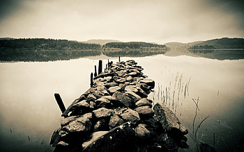 Nature, Water, Stones, Pier, Despondency, Black And White HD wallpaper