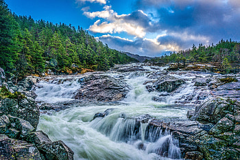 Landscape, Nature, Trees, Stones, Rocks, Waterfall, Evening HD wallpaper