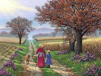 Country Seasons, dog, painting, trees, fields, road, woman, child HD wallpaper