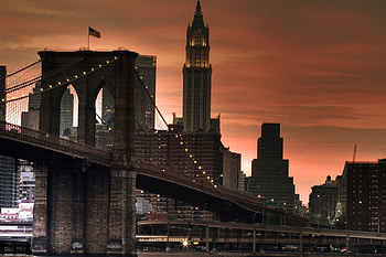 Cities, Sunset, Shine, Light, Skyscrapers, Bridge, New York HD wallpaper