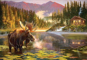 Resting Place, artwork, painting, moose, trees, mountains, forest, lake, cabin HD wallpaper
