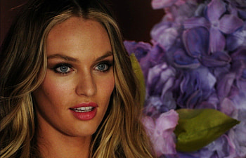 Candice Swanepoel, model, blue eyes, girl, beauty, woman, purple, flower, victoria s secret HD wallpaper