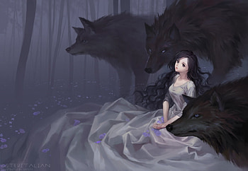 :), white, black, girl, wolf, s caesty, fantasy, flower, luminos, forest, lup HD wallpaper