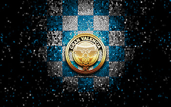 Gran Valencia FC, glitter logo, La Liga FutVe, blue white checkered background, soccer, Venezuelan football club, Gran Valencia logo, mosaic art, football, Venezuelan Primera Division, FC Gran Valencia HD wallpaper