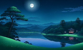 Calm night by the water, water, lake, Anime, moon, Japanese HD wallpaper