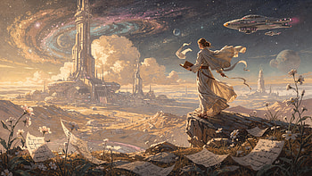 Poetcore — Skybound Bard of the Citadel, Futuristic City, Spaceship, Galaxy HD wallpaper