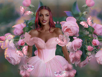Perfectly Pink Ladies 9, soft, girl, flowers, dress, pastel, birds, butterflies, delicate, pink, pretty, green, lovely HD wallpaper