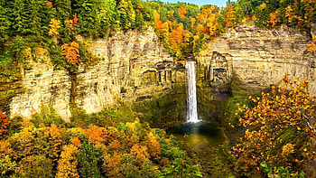 Waterfall in Autumn, leaves, fall, river, trees, colors, pond HD wallpaper