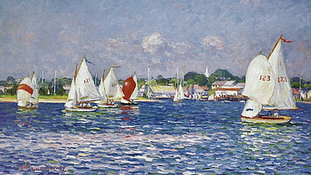 Afternoon Sail , art, coast, landscape, sailboats, artwork, shore, scenery, wide screen, painting, seascape, sailing HD wallpaper