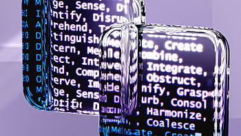 Abstract glass surfaces reflecting digital text create a mysterious tech ambiance. HD wallpaper