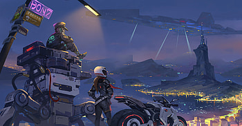 Biker Girl With Little Robot Friend Cyber City, artist, artwork, artstation HD wallpaper
