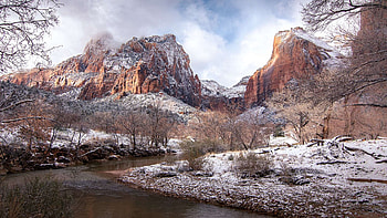 A Winter Wonderland in Zion National Park, Utah, snow, clouds, trees, landscape, sky, rocks, mountains, usa, river HD wallpaper