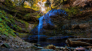 Sunlight on Rock Cliff Waterfall, Waterfalls, Sunlight, Rocks, Cliffs, Nature HD wallpaper