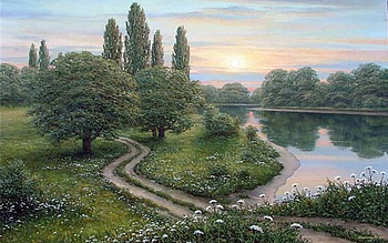 Summer Lake, painting, path, landscape, trees, lake HD wallpaper