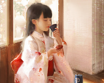 Tea time, kimono, asian, art, cute, blingbling black, girl, cup, copil, fantasy, child HD wallpaper