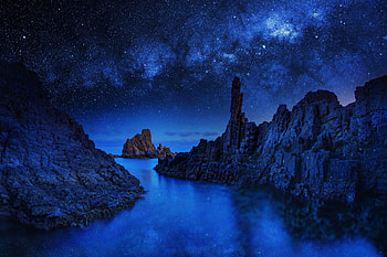 Ocean Rocks Blue Sky, ocean, rocks, blue, night, sky, nature HD wallpaper