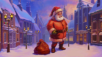 Santa Claus, blue, winter, craciun, art, man, house, old, fantasy, snow, christmas, red, street, game, luminos HD wallpaper