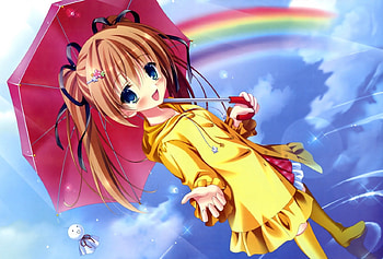 Rain Is Over, blue eyes, long hair, caot, anime girl, anime, umberlla, rainbow, clouds, brown hair, sky, blush, water, boots, female HD wallpaper