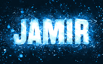 Happy Birtay Jamir, , blue neon lights, Jamir name, creative, Jamir Happy Birtay, Jamir Birtay, popular american male names, with Jamir name, Jamir HD wallpaper