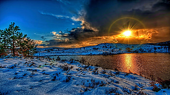Winter at the lake, snow, trees, landscape, clouds, colors, sky, sun, sunset HD wallpaper