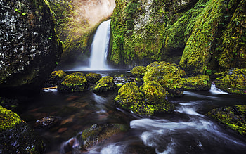Waterfall, landscape, green rocks, stream, river, moss HD wallpaper
