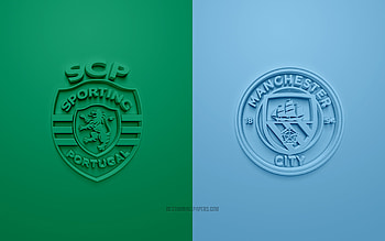 Sporting vs Manchester City, 2022, UEFA Champions League, Eighth-finals, 3D logos, blue green background, Champions League, football match, 2022 Champions League, Sporting, Manchester City FC HD wallpaper