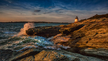 Lighthouse at stormy sea, sky, nature, coast, waves, clouds, rocks HD wallpaper