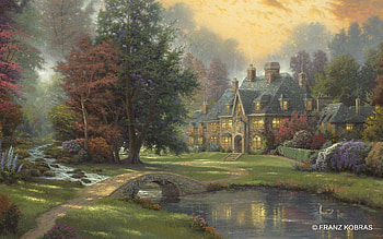 lakeside manor, garden, kinkade, house, lake HD wallpaper