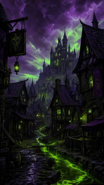 Witchlight Hamlet — | Verdant Rift | Plaguewater Lane, Castle, Village, River HD phone wallpaper