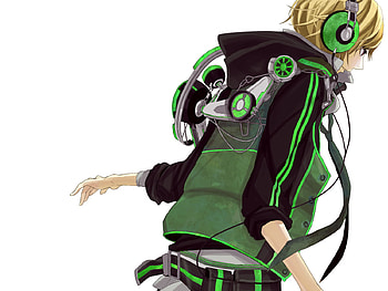 Kagamine Len, blond hair, black, heads, anime, green, vocaloid, male HD wallpaper