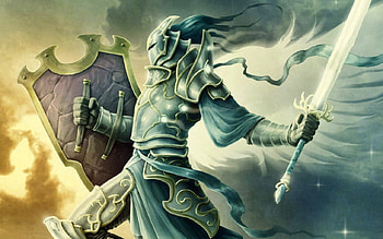 Warrior of Light, shield, sword, knight, armor, war, fantasy, abstract, light, battle, warrior HD wallpaper