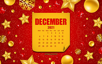 December 2021 Calendar, Red Christmas background, New Year, December, Christmas background with golden decorations, 2021 December Calendar HD wallpaper