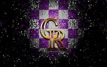 Colorado Rockies emblem, glitter logo, MLB, violet white checkered background, american baseball team, Major League Baseball, mosaic art, baseball, Colorado Rockies HD wallpaper
