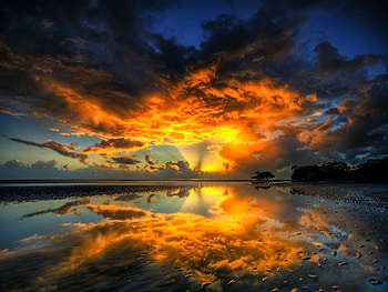 flaming sky, sea, clouds, sky, lake HD wallpaper