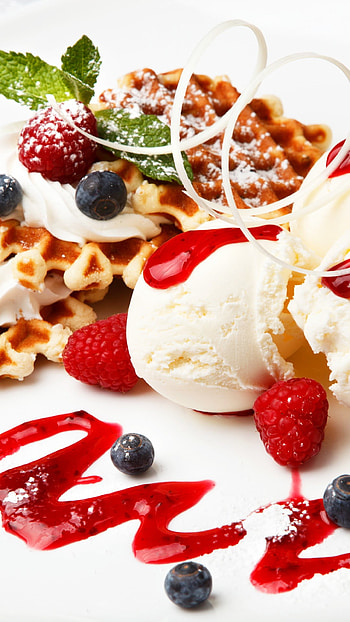 Ice cream and waffle, Raspberry and blueberry, Sweet cravings, Dessert HD phone wallpaper