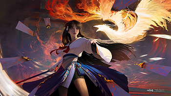 Phoenix, girl, weiziqi, pasari, dark, night, bird, art, fantasy, gire, luminos HD wallpaper