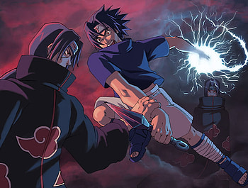 Itachi VS Sasuke, sasuke, headband, kunai, unai, red eyes, fight, itachi, shinobi, uchiha sasuke, ninjas, shorts, black hair, sharingan, anime, uchiha, naruto, uchiha itachi, spiky hair HD wallpaper