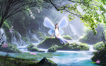 Fairy by Forest Lake, fairy, waterlilies, rocks, lake, moss HD wallpaper