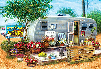 Honey for Sale, dog, caravan, flowers, painting HD wallpaper