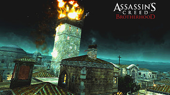Assassins Creed Guard-Town Leap, guard-tower, assassins creed, ubisoft, fire, leap HD wallpaper