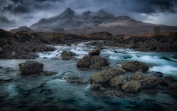 mountain river, evening, sunset, stones, mountains, mountain landscape, Scotland HD wallpaper