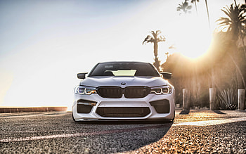BMW M5, F90, front view, white M5, tuning M5 F90, evening, sunset, German cars, BMW HD wallpaper