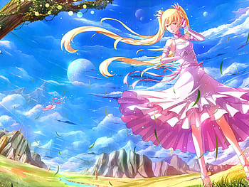 Pretty anime girl, sexy, colorful, cute, girl, long hair, dress, nice, pink dress, blue sky, doll, anime, pretty, lovely HD wallpaper