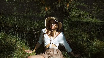 Outdoor, sit, grass, girl model, tattoo HD wallpaper